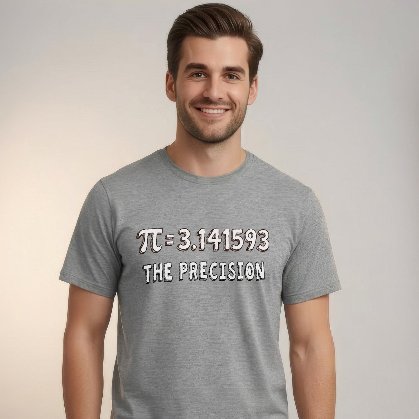  “π = 3.141593 The Precision” funny math design for Pi Dayt-shirt in sports grey for men