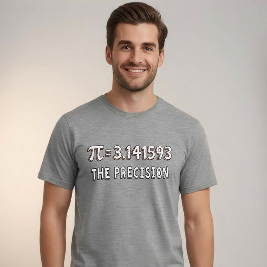  “π = 3.141593 The Precision” funny math design for Pi Dayt-shirt in sports grey for men