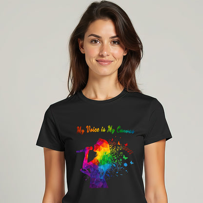 My Voice Is My Canvas music graphic t-shirt in black for women