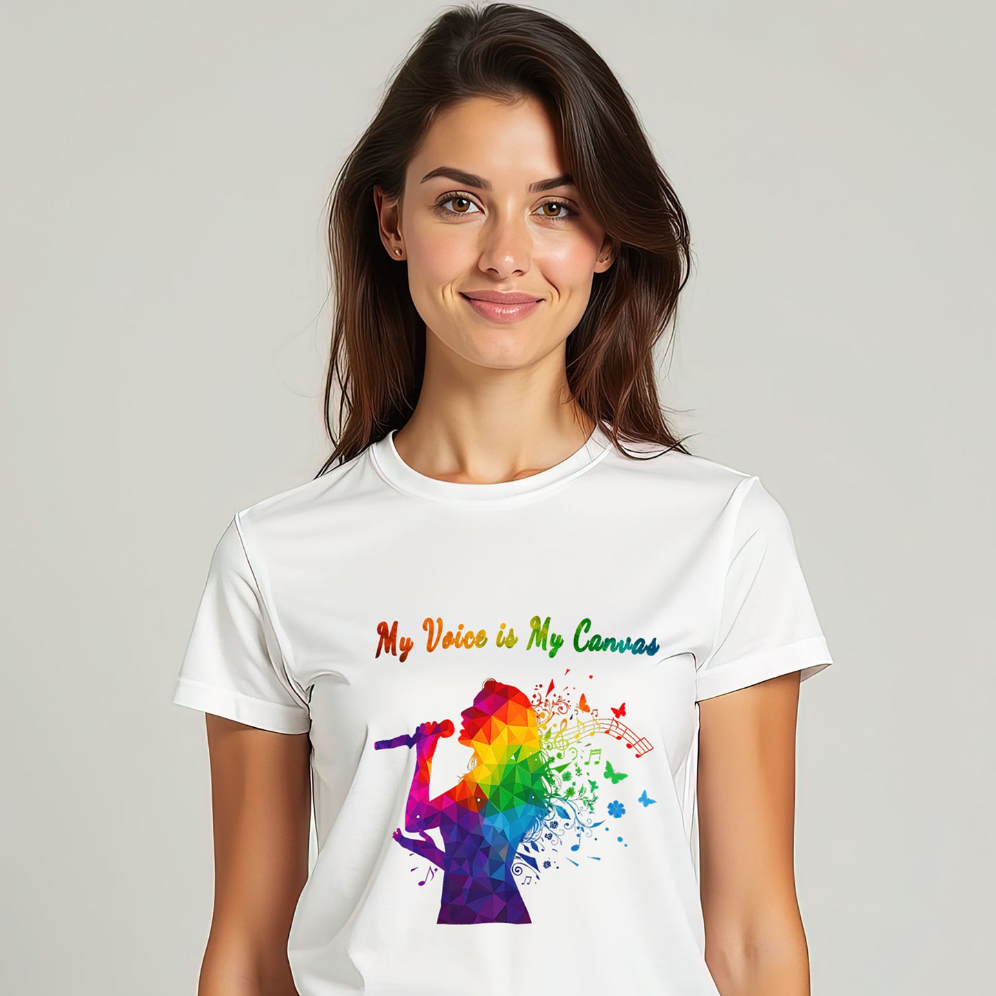 My Voice Is My Canvas music graphic t-shirt in white for women