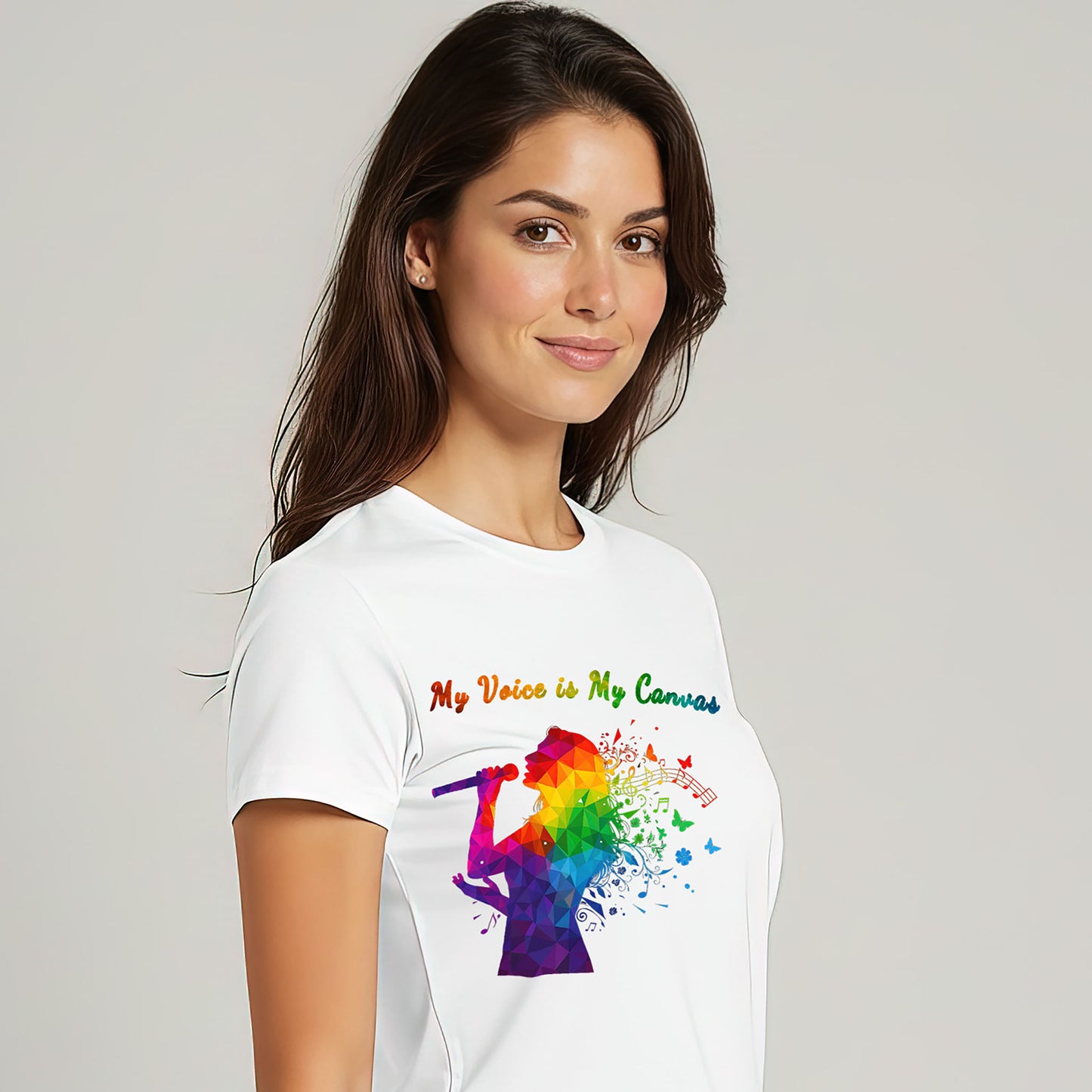 Right side view of My Voice Is My Canvas music graphic t-shirt in white for women