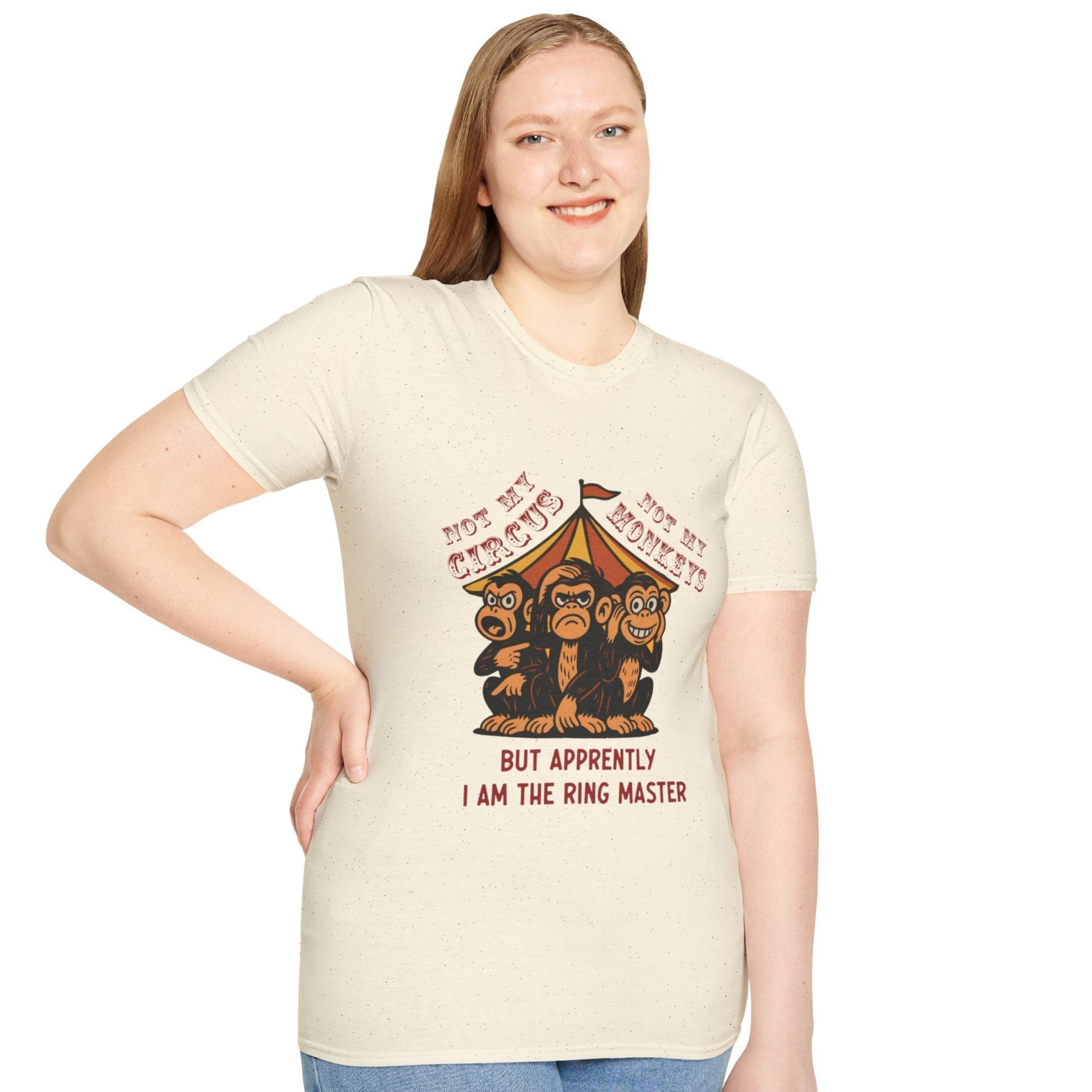Female model wearing Not My Circus natural beige graphic t-shirt with vintage circus illustration