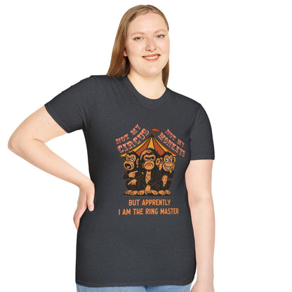 Female model wearing Not My Circus Heather grey graphic t-shirt with vintage circus illustration