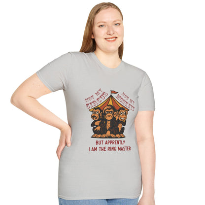 Female model wearing Not My Circus ice grey graphic t-shirt with vintage circus illustration