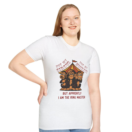 Female model wearing Not My Circus white graphic t-shirt with vintage circus illustration