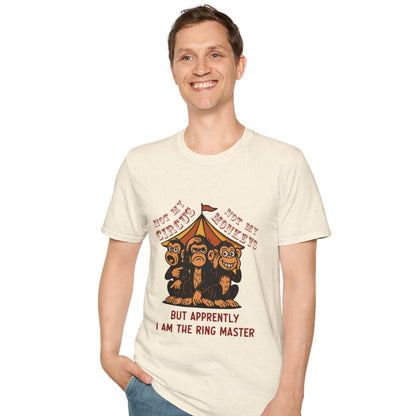 Male model wearing Not My Circus natural beige graphic t-shirt with vintage circus illustration