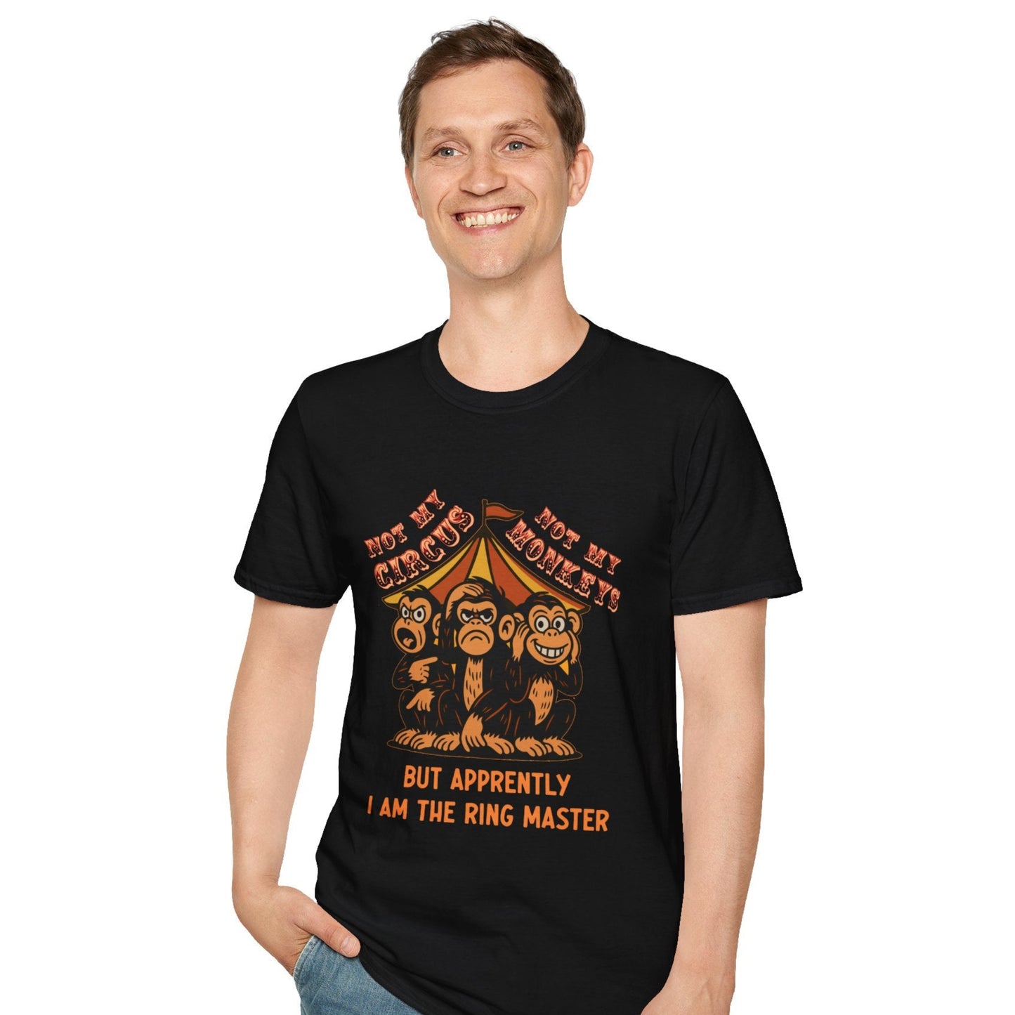 Male model wearing Not My Circus black graphic t-shirt with vintage circus illustration