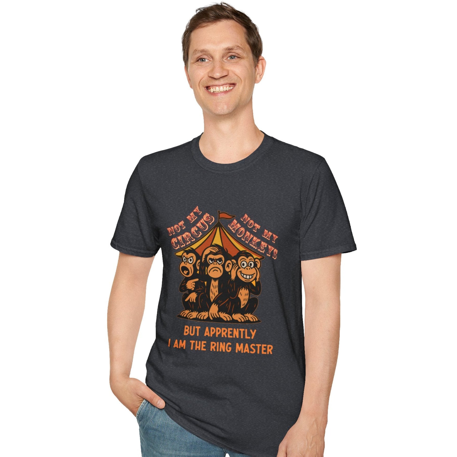 Male model wearing Not My Circus Heather grey graphic t-shirt with vintage circus illustration