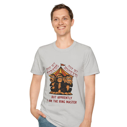 Male model wearing Not My Circus ice grey graphic t-shirt with vintage circus illustration