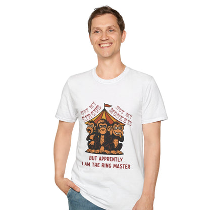 Male model wearing Not My Circus white graphic t-shirt with vintage circus illustration