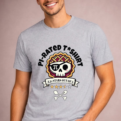 Front facing male model wearing a funny Pi-rated t-shirt with pirate pie skull and 3.14 stars math humor design