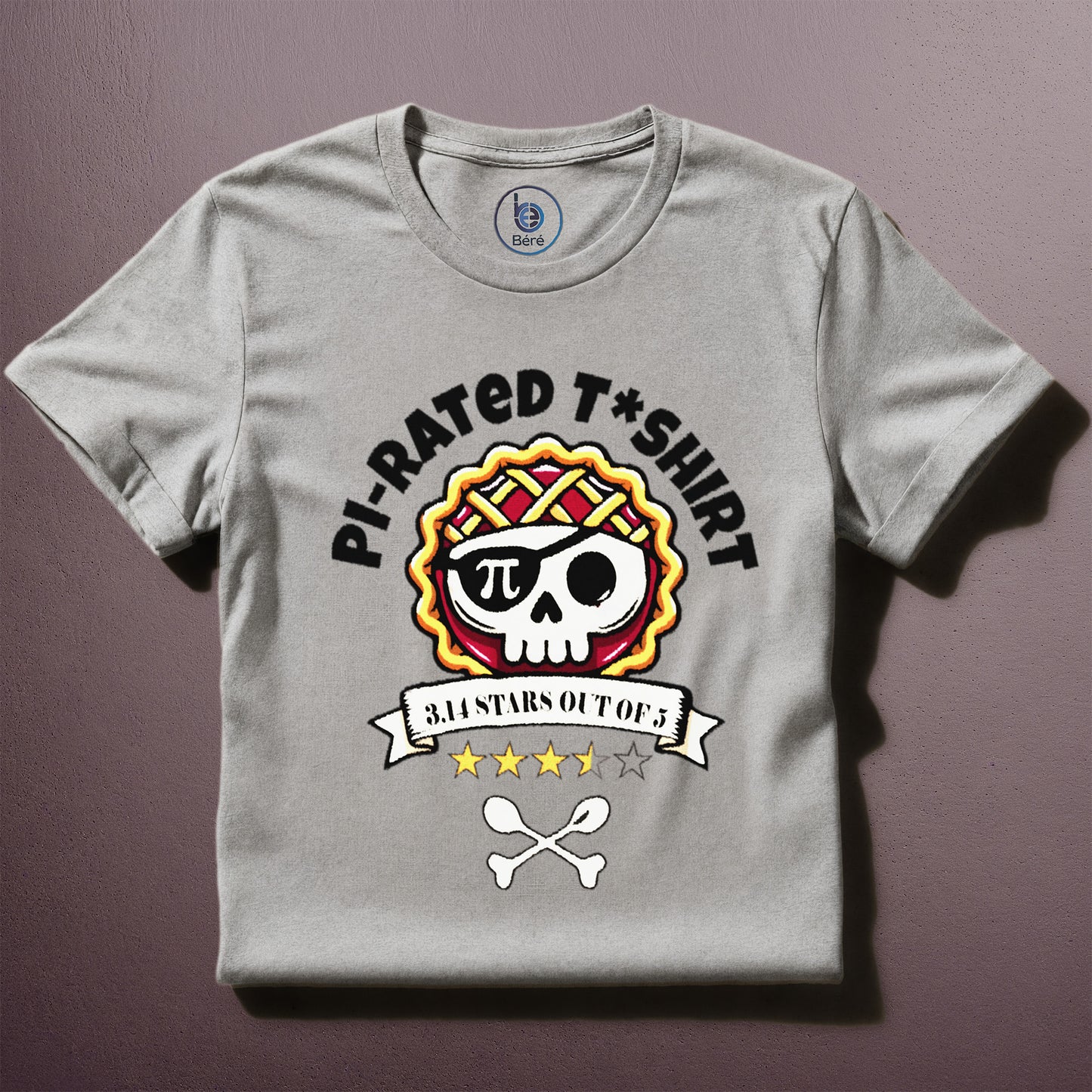 Funny Pi-rated t-shirt with pirate pie skull design and 3.14 rating printed on grey shirt