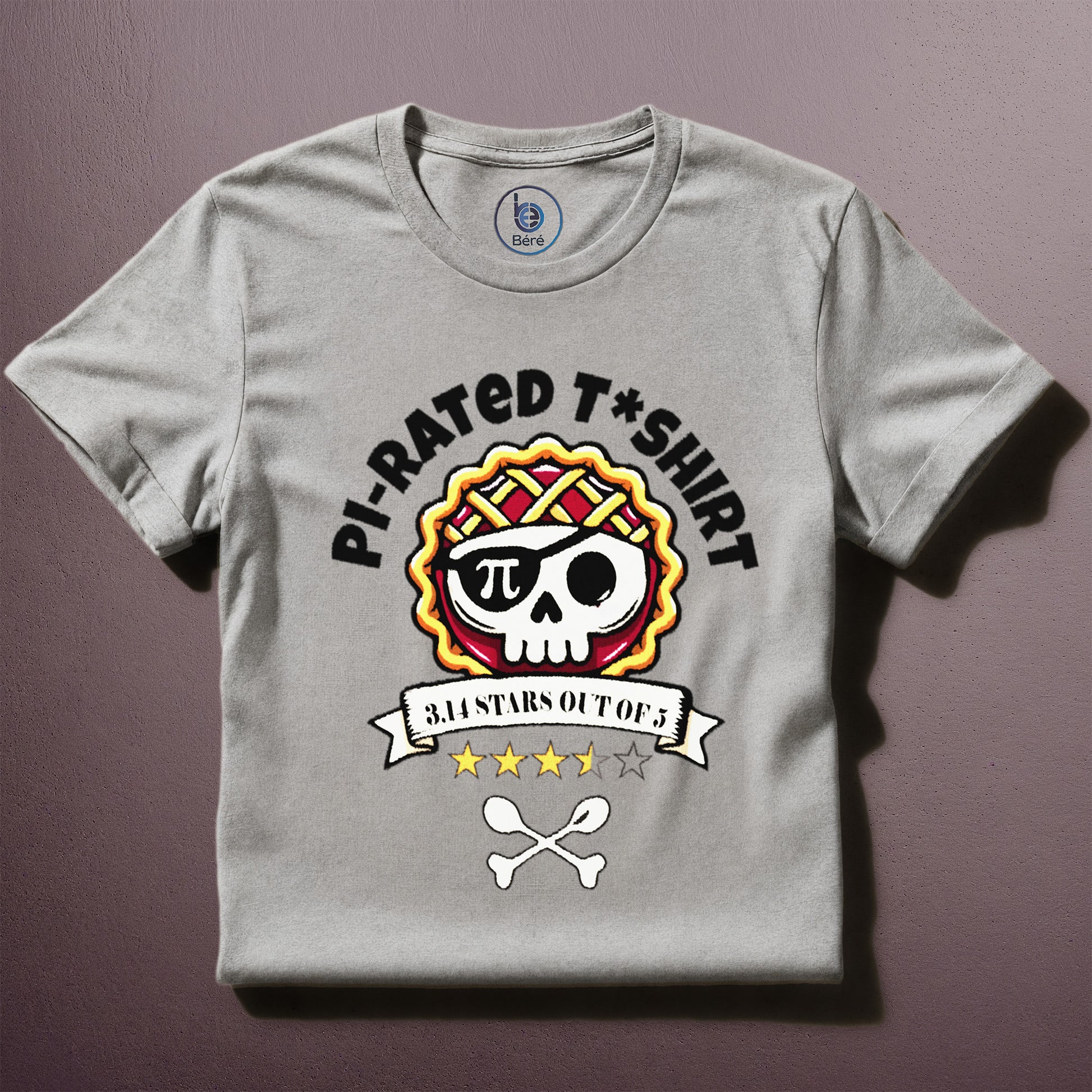 Funny Pi-rated t-shirt with pirate pie skull design and 3.14 rating printed on grey shirt