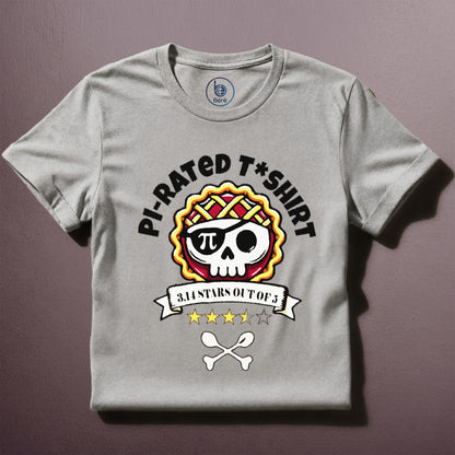 Funny Pi-rated t-shirt with pirate pie skull design and 3.14 rating printed on grey shirt