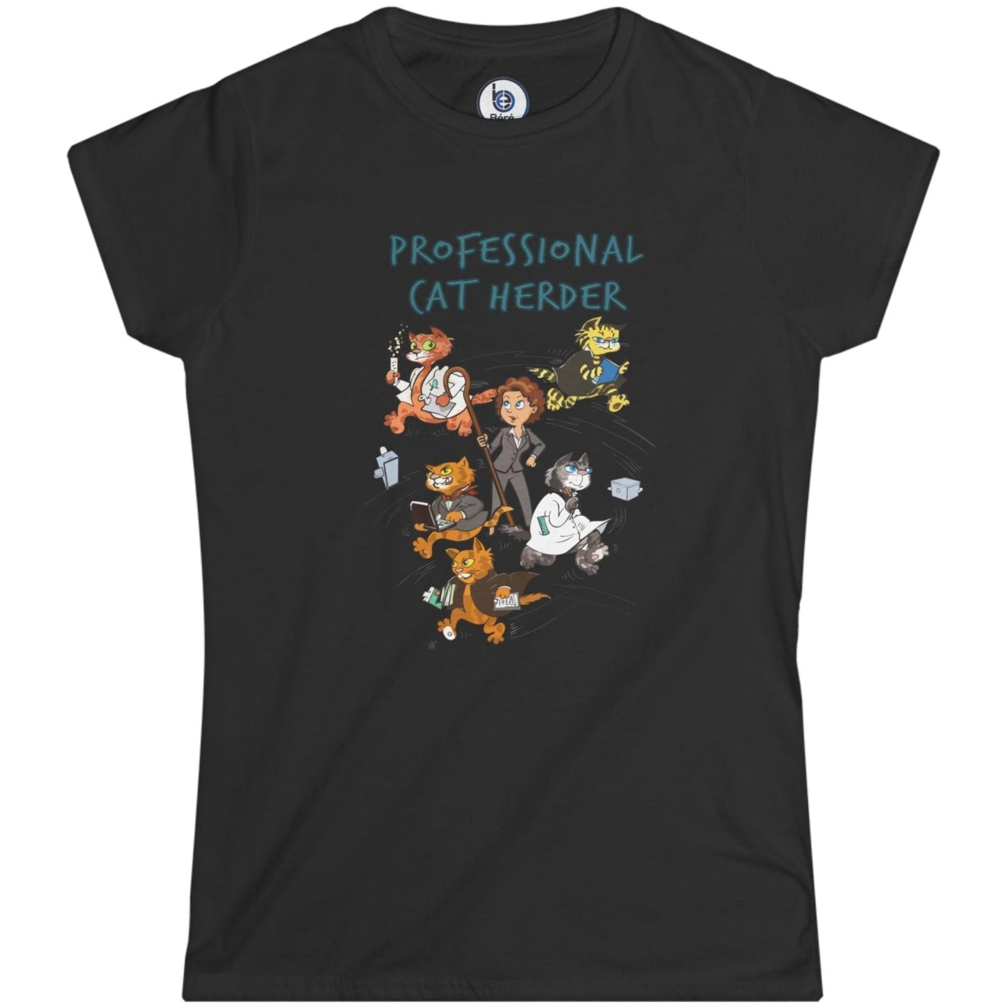 Professional Cat Herder women black graphic t-shirt with illustrated figures in professional attire