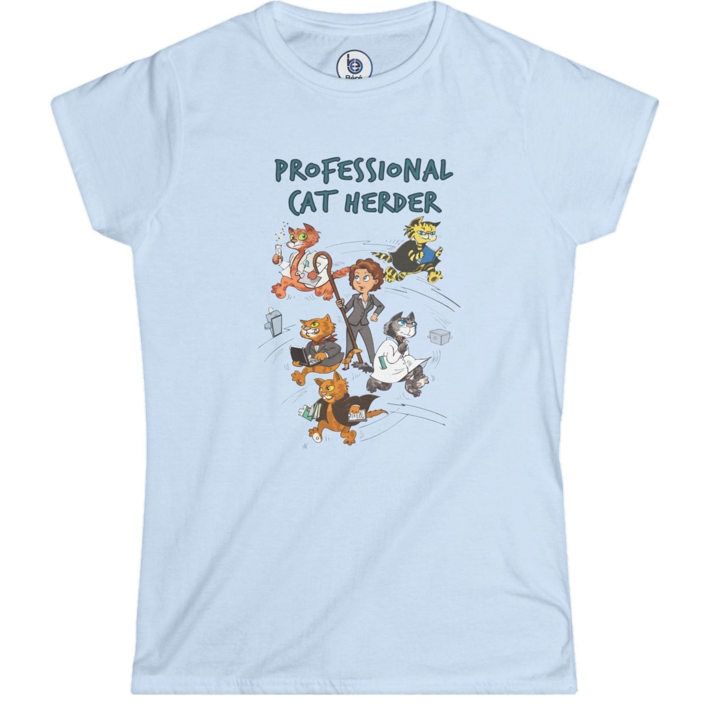 Professional Cat Herder women light blue graphic t-shirt with illustrated figures in professional attire