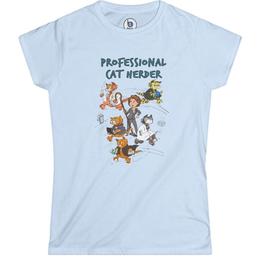 Professional Cat Herder women light blue graphic t-shirt with illustrated figures in professional attire