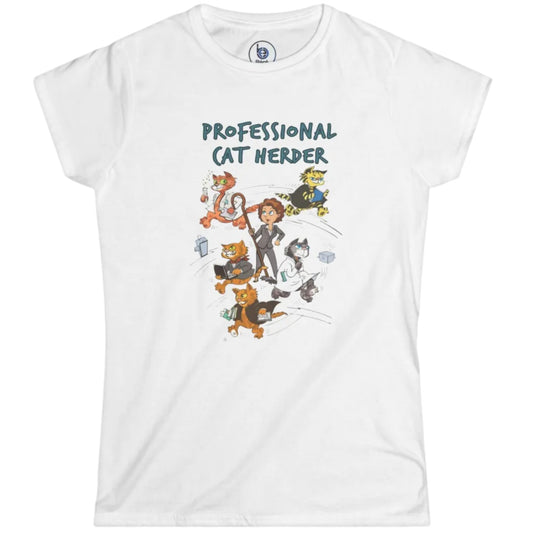 Professional Cat Herder women white graphic t-shirt with illustrated figures in professional attire