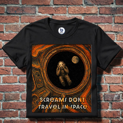 Black 'Screams Don't Travel in Space' graphic t-shirt laid flat, full front design