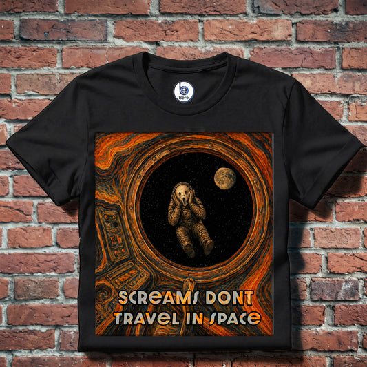 Black 'Screams Don't Travel in Space' graphic t-shirt laid flat, full front design