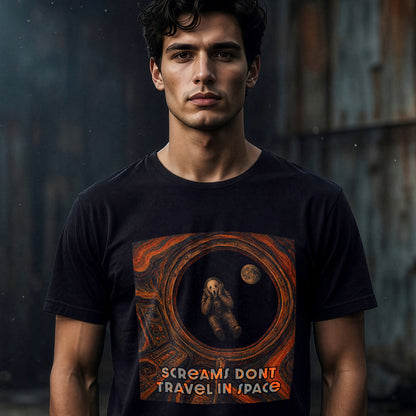 Man wearing black 'Screams Don't Travel in Space' astronaut horror t-shirt, front view