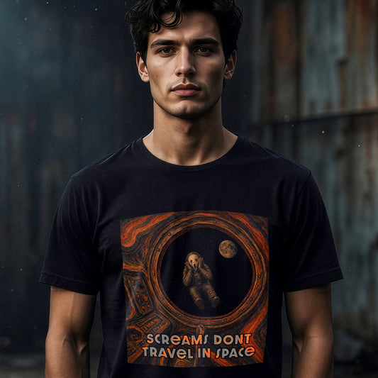 Man wearing black 'Screams Don't Travel in Space' astronaut horror t-shirt, front view