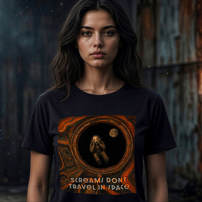 Woman wearing black 'Screams Don't Travel in Space' science horror t-shirt, front view