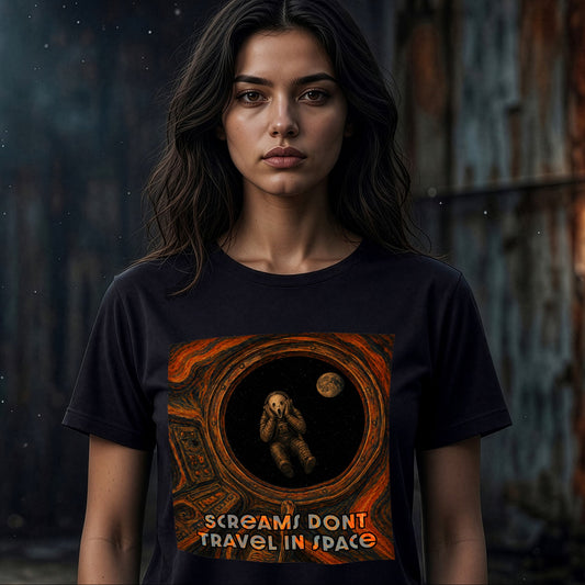 Woman wearing black 'Screams Don't Travel in Space' science horror t-shirt, front view