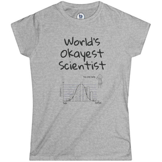 World’s Okayest Scientist graphic women grey  t-shirt with bell curve